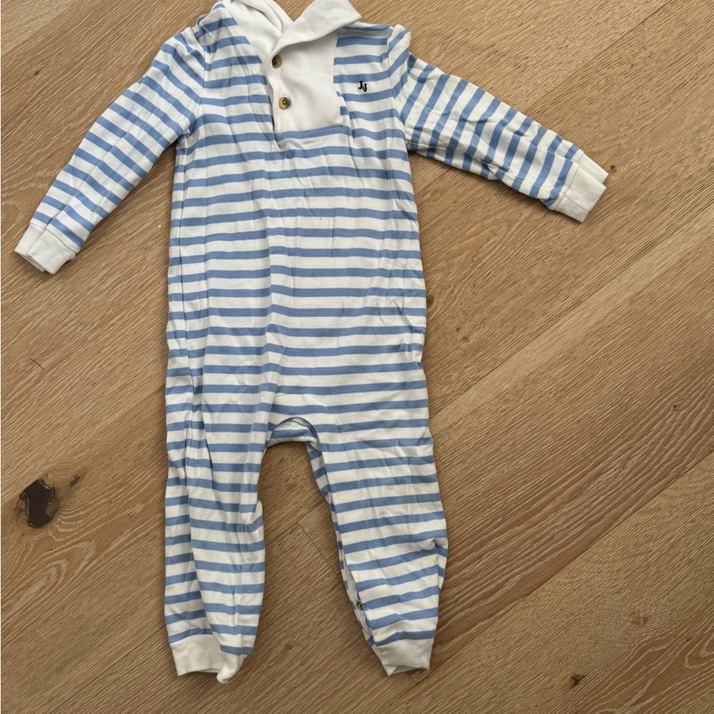 Janie and Jack Blue and White Striped Baby Boy Shaw Collar Longall Coverall